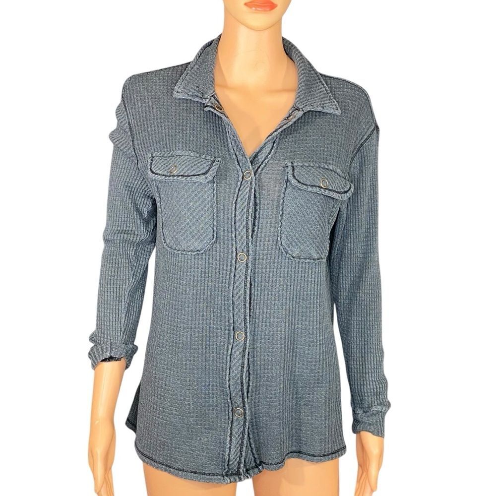 Rewind Waffle Knit Button-Up Shirt 90s Grunge Revival Heather Slate Color SZ XS